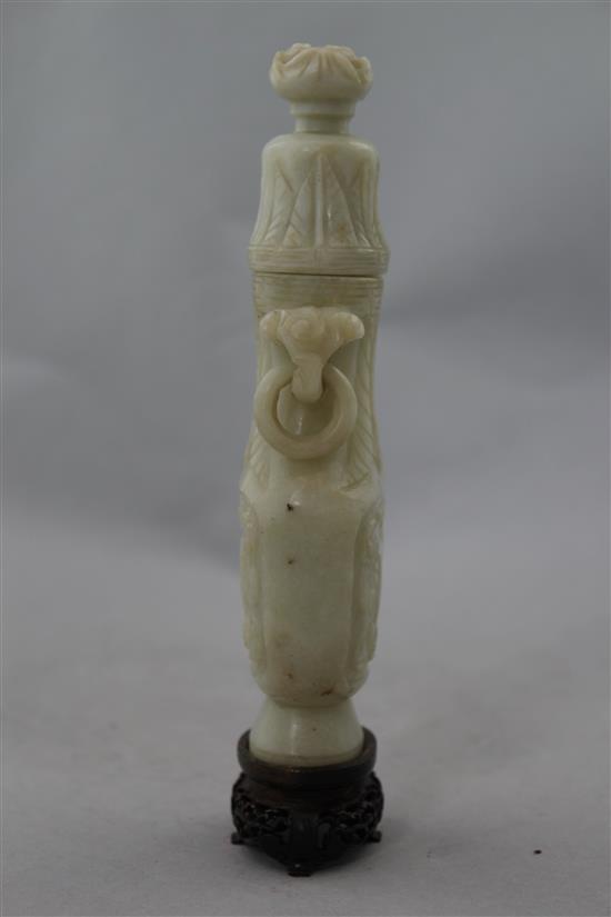 A Chinese greyish white bowenite jade archaistic vase and cover, 20th century, 17cm, wood stand